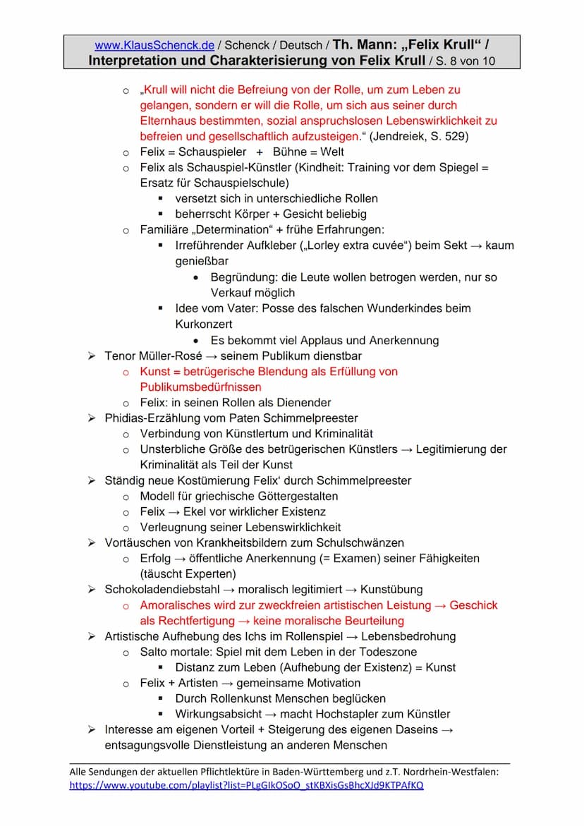 www.KlausSchenck.de/ Schenck / Deutsch / Th. Mann: ,,Felix Krull" /
Interpretation und Charakterisierung von Felix Krull / S. 1 von 10
Thoma