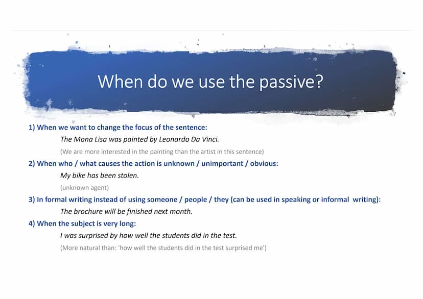 PASSIVE
ACTIVE
The Passive
Karina, Jonas G., Darja Structure
(1) When do we use the passive?
(2) How do we form the passive?
(3) Active/pass
