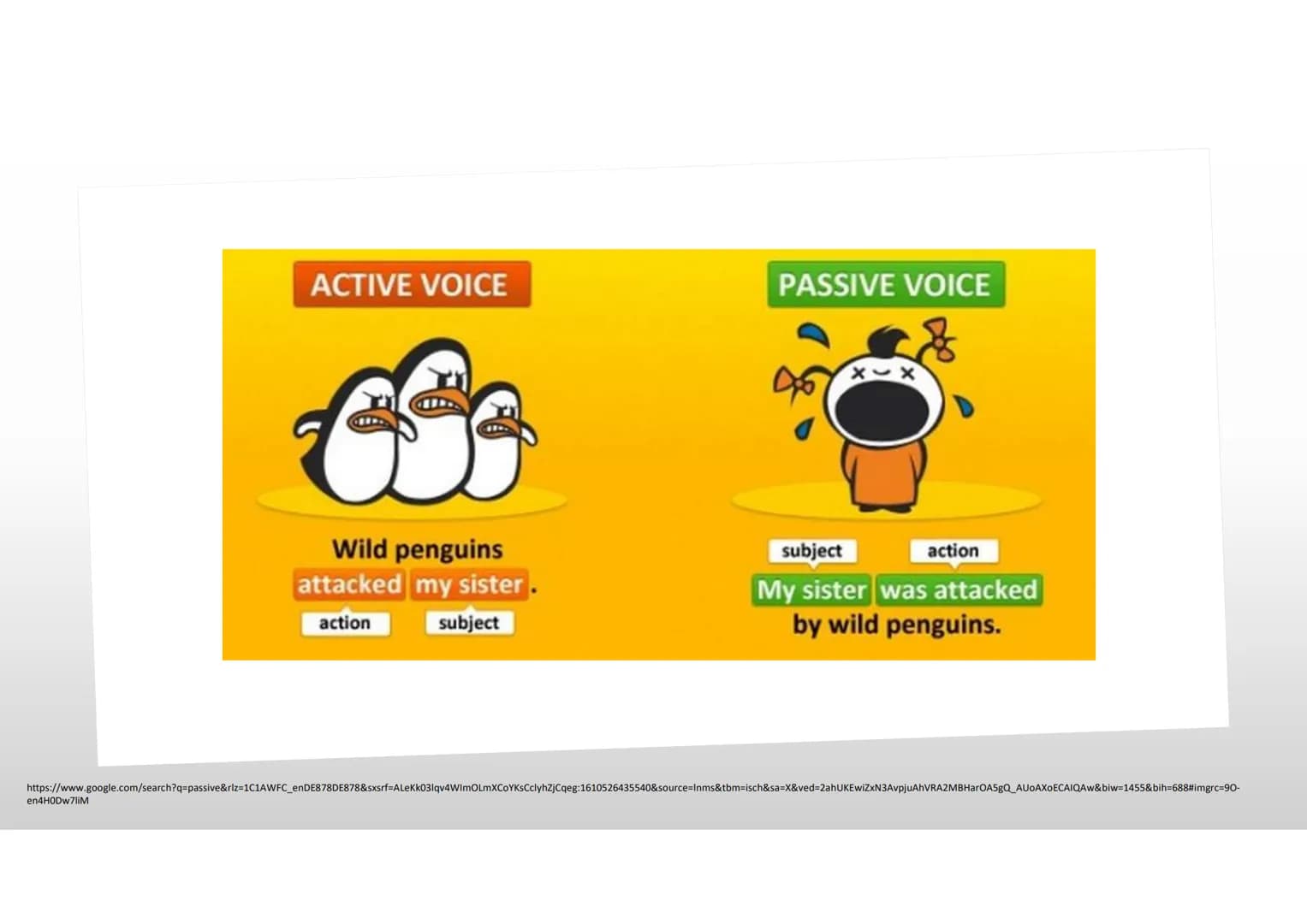 PASSIVE
ACTIVE
The Passive
Karina, Jonas G., Darja Structure
(1) When do we use the passive?
(2) How do we form the passive?
(3) Active/pass