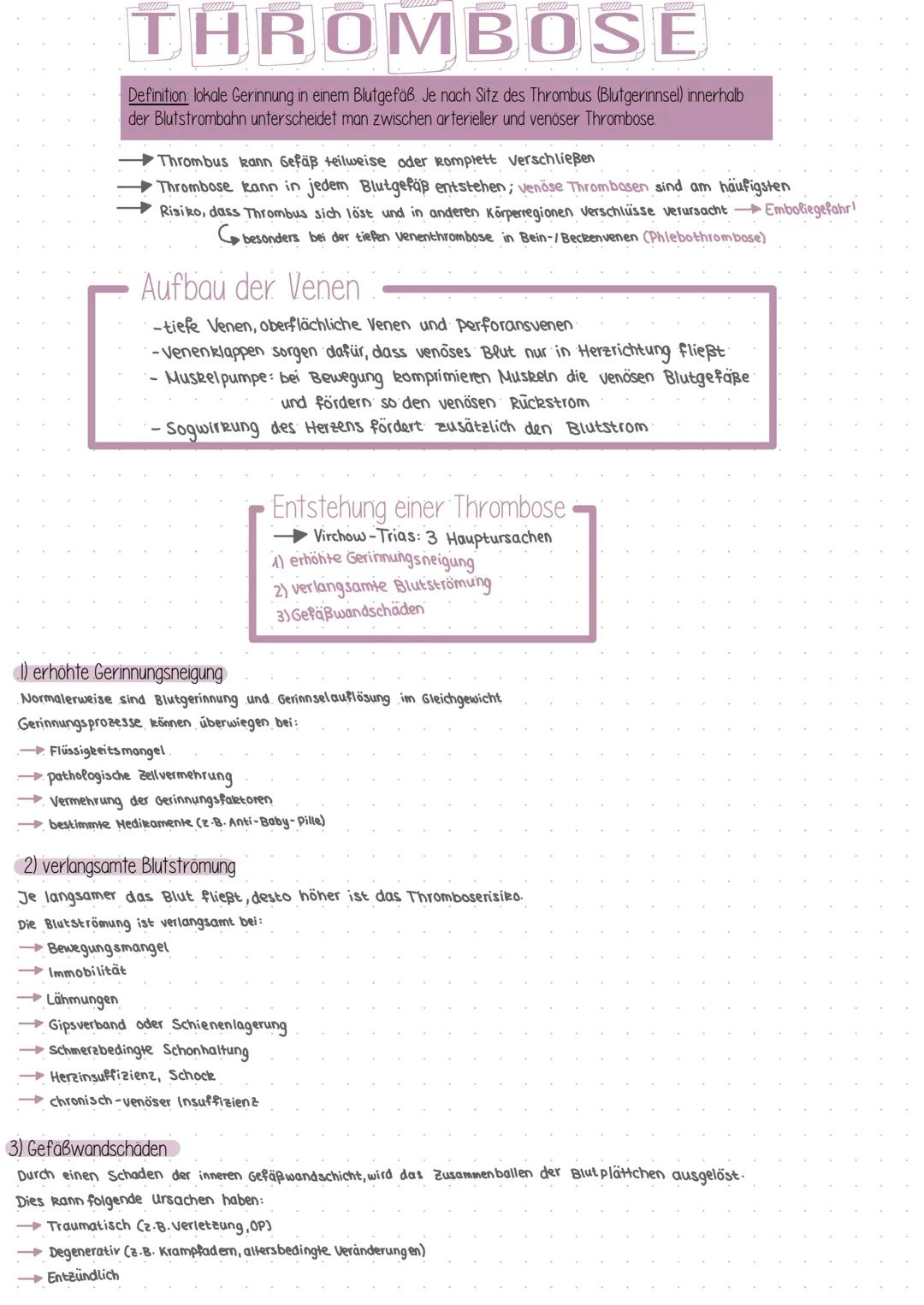 # THROMBOSE

Definition lokale Gerinnung in einem Blutgefaß Je nach Sitz des Thrombus (Blutgerinnsel) innerhalb
der Blutstrombahn unterschei