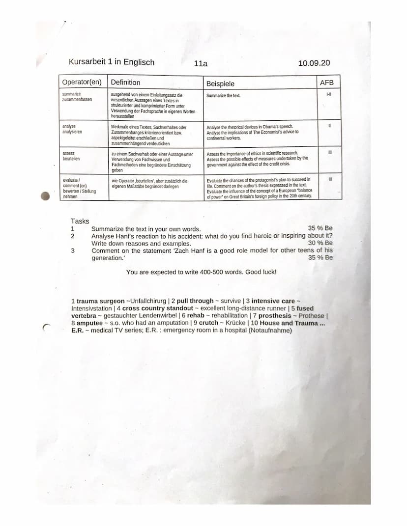 Kursarbeit 1 in Englisch
Operator(en)
summarize
zusammenfassen
analyse
analysieren
assess
beurteilen
evaluate/
comment (on)
bewerten / Stell