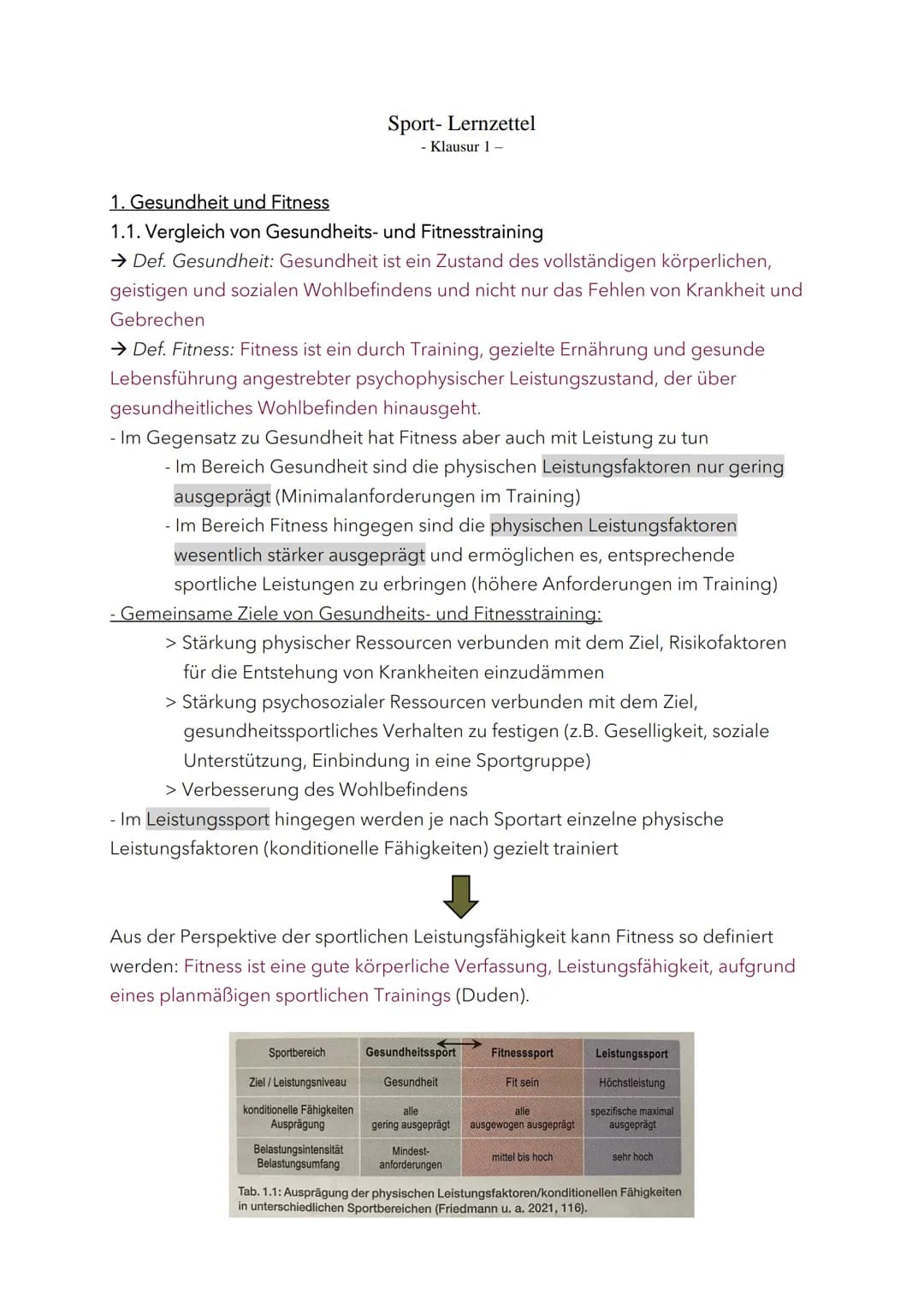 1. Gesundheit und Fitness
1.1. Vergleich von Gesundheits- und Fitnesstraining
→ Def. Gesundheit: Gesundheit ist ein Zustand des vollständige