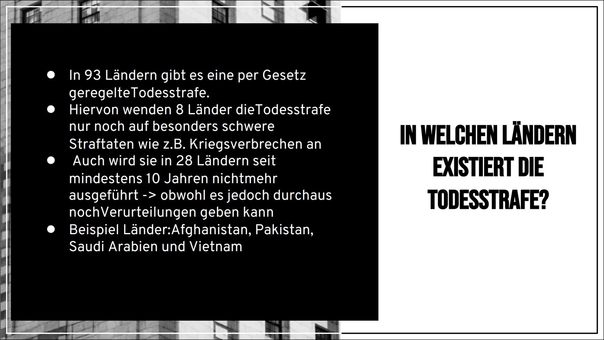 DIE
TODESSTRAFE INHALTSVERZEICHNIS
Was ist die Todesstrafe eigentlich?
Geschichte der Todesstrafe
Welche Formen der Todesstrafe gibt es?
Wel