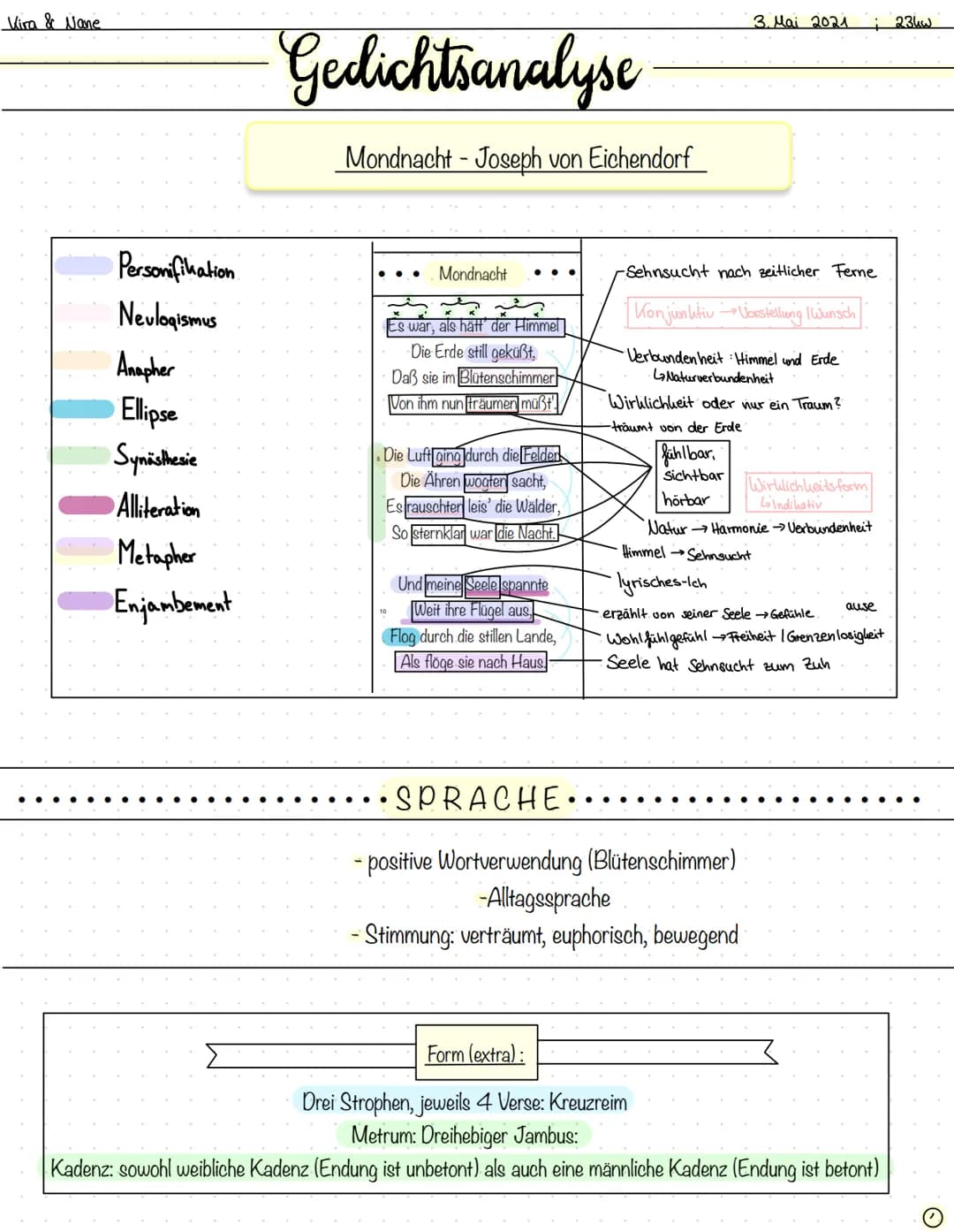 Kira & Nane
Personifikation
Neulogismus
Anapher
Ellipse
Synästhesie
Alliteration
Metapher
Enjambement
Gedichtsanalyse
Mondnacht - Joseph von