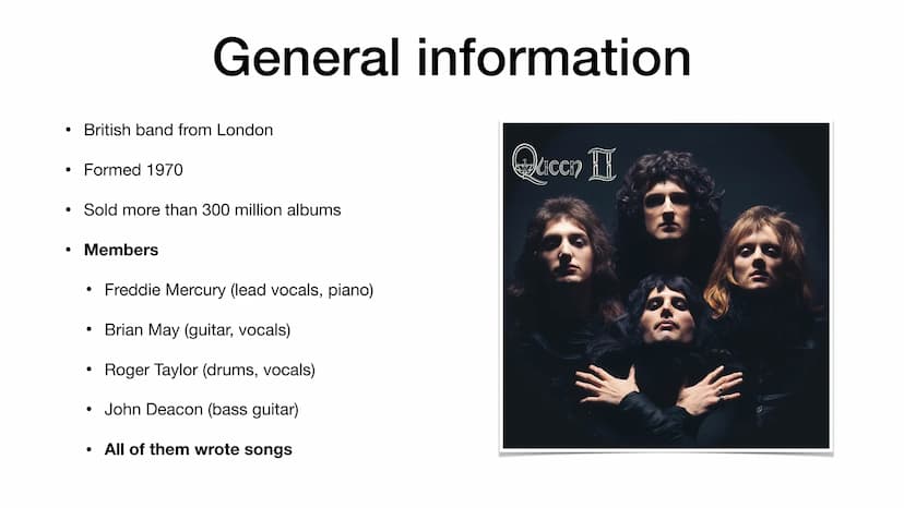 QUEEN ●
●
●
General information
Structure
History of Queen
Queen without Freddie Mercury?
Music style
Awards ●
British band from London
• Fo