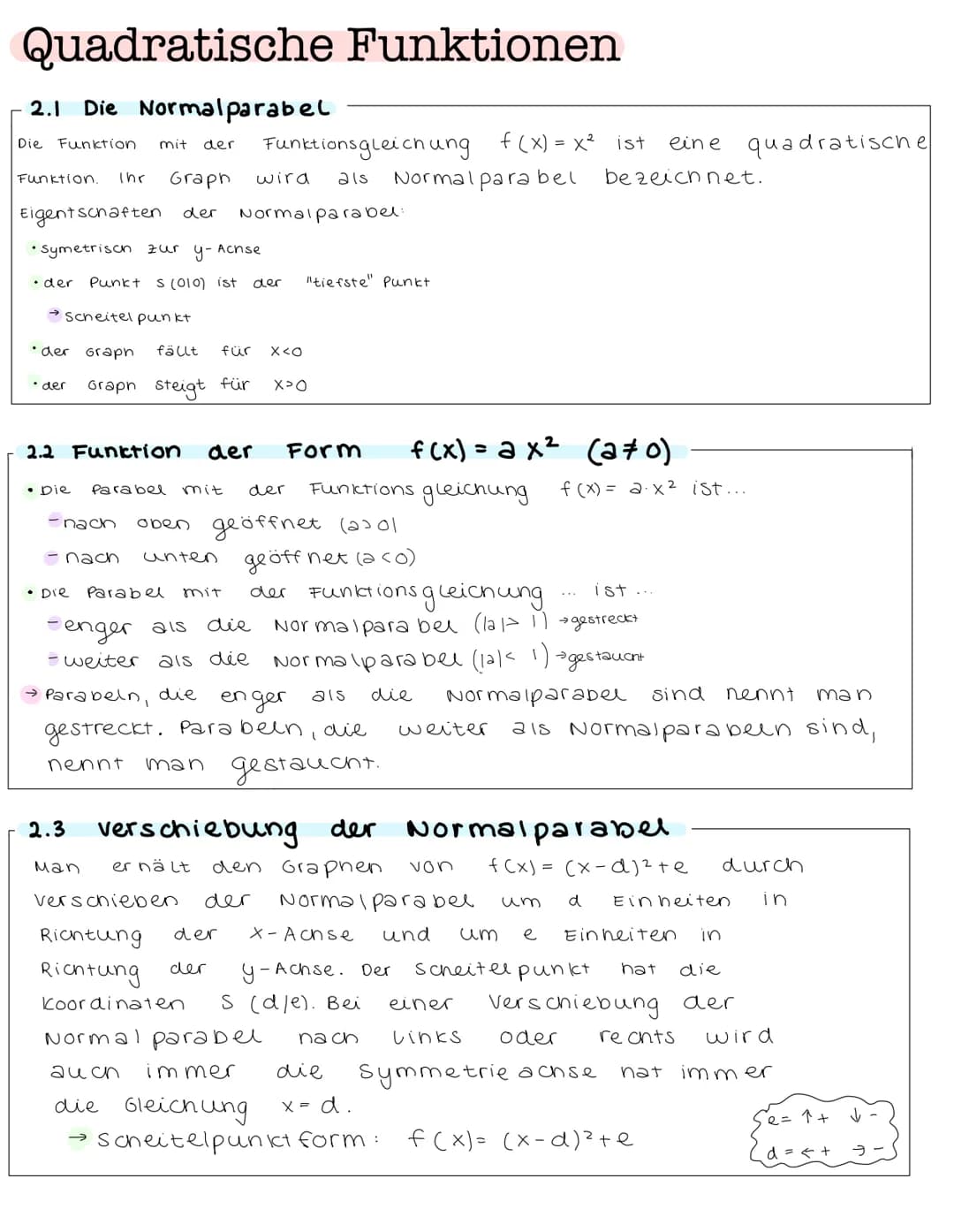 Quadratische Funktionen
2.1 Die Normalparabel
Die Funktion mit
Funktion.
• der
• der
Ihr
-nach
Eigentschaften
•Symetrisch zur y-Achse
• der 