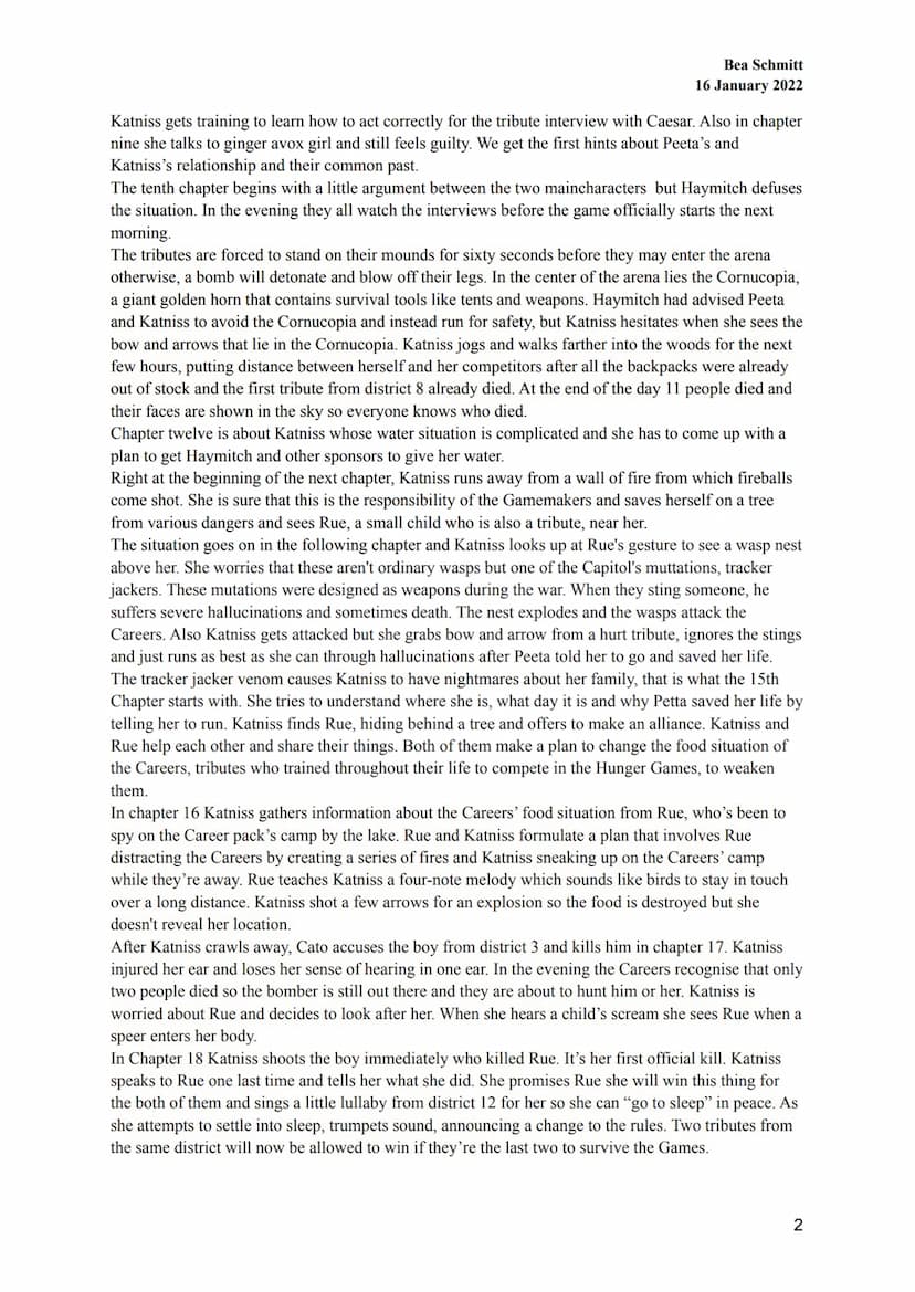 Bea Schmitt
16 January 2022
Summary (divided into chapters):
The first chapter introduces the readers to Katniss, the story's narrator and p