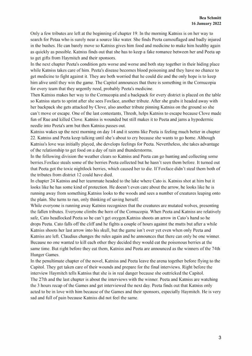 Bea Schmitt
16 January 2022
Summary (divided into chapters):
The first chapter introduces the readers to Katniss, the story's narrator and p