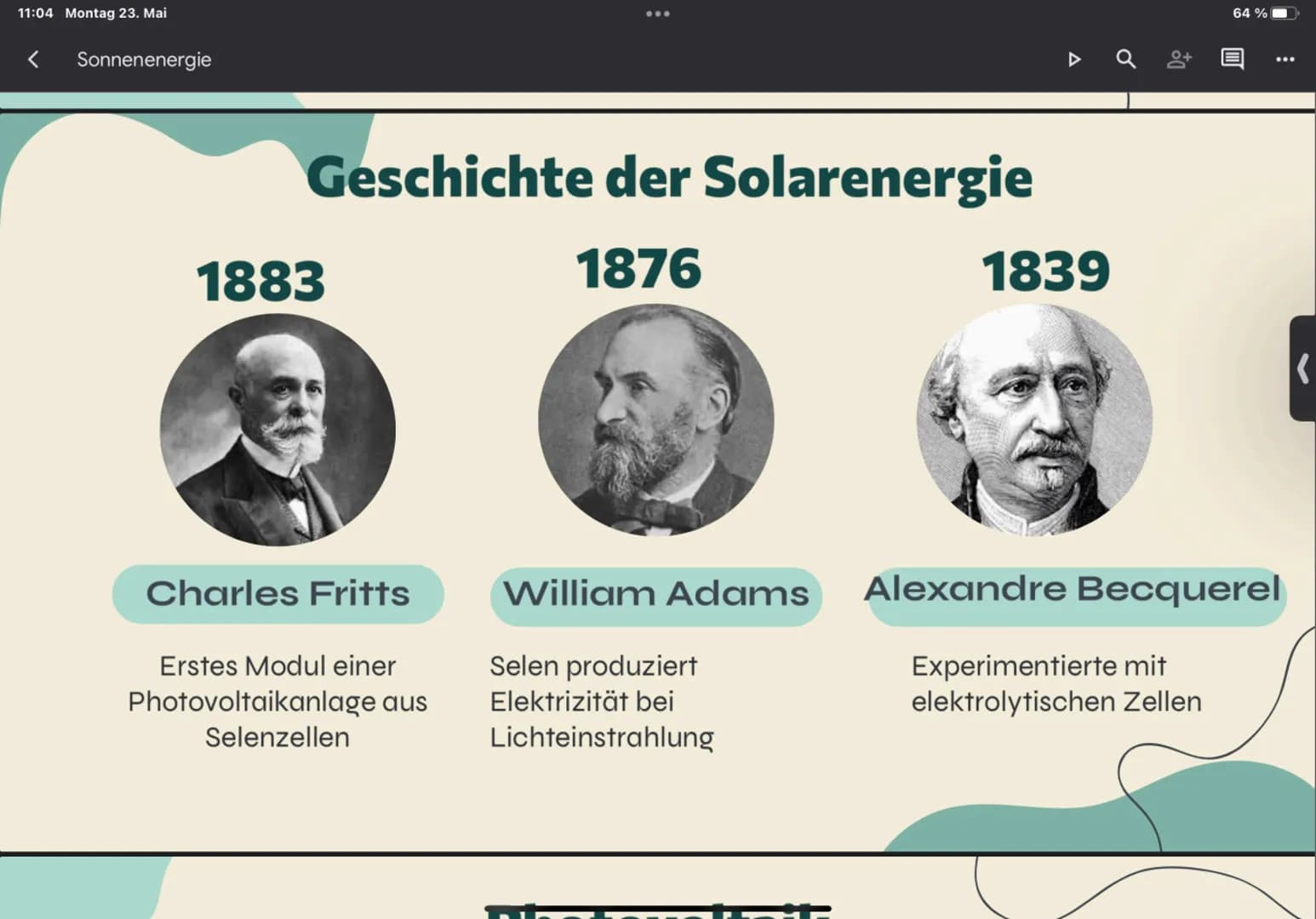 11:03 Montag 23. Mai
Sonnenenergie
:
Sonnenenergie
Eine Energieform für die Zukunft?
Inhaltsverzeichnis
▷ a 0+
64%
K 11:03 Montag 23. Mai
So