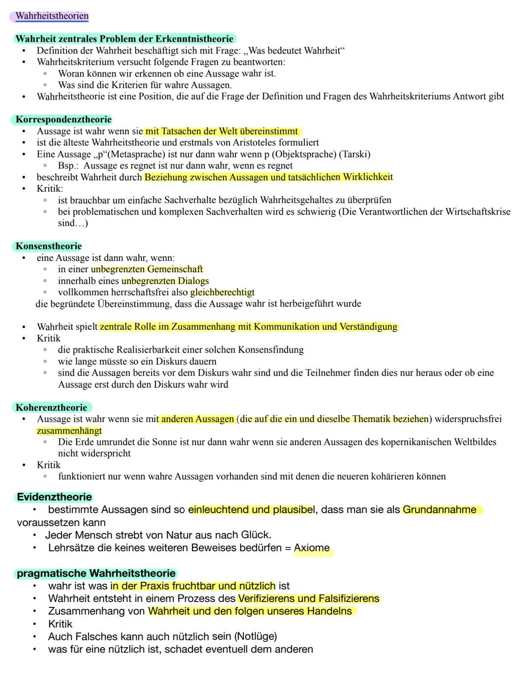 Wahrheitstheorien
Wahrheit zentrales Problem der Erkenntnistheorie
Definition der Wahrheit beschäftigt sich mit Frage: ,,Was bedeutet Wahrhe