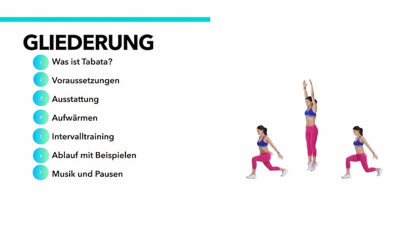 TABATATRAINING GLIEDERUNG
Was ist Tabata?
1
2 Voraussetzungen
3 Ausstattung
4 Aufwärmen
5 Intervalltraining
7
Ablauf mit Beispielen
Musik un