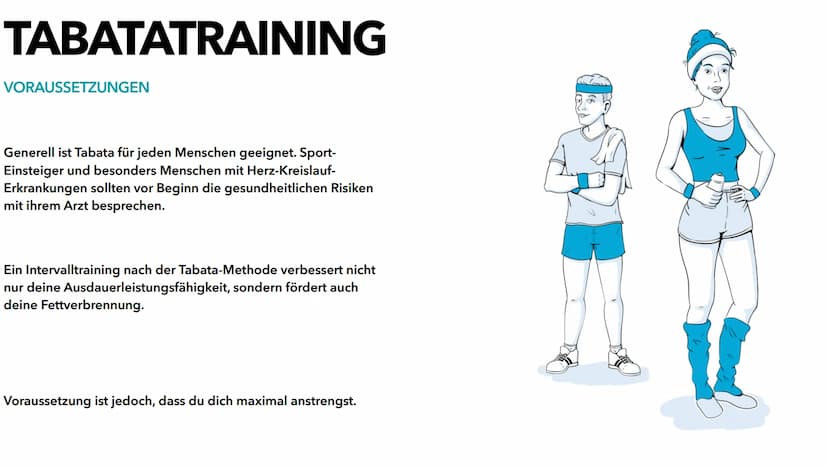 TABATATRAINING GLIEDERUNG
Was ist Tabata?
1
2 Voraussetzungen
3 Ausstattung
4 Aufwärmen
5 Intervalltraining
7
Ablauf mit Beispielen
Musik un