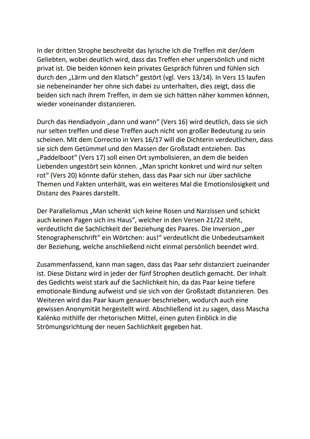 Großstadtliebe - Mascha Kaléko
Das Gedicht ,,Großstadtliebe" von Mascha Kaléko, welches 1933 erschien und
der neuen Sachlichkeit angehört, h