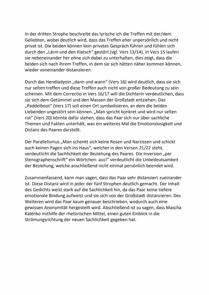 Großstadtliebe - Mascha Kaléko
Das Gedicht ,,Großstadtliebe" von Mascha Kaléko, welches 1933 erschien und
der neuen Sachlichkeit angehört, h