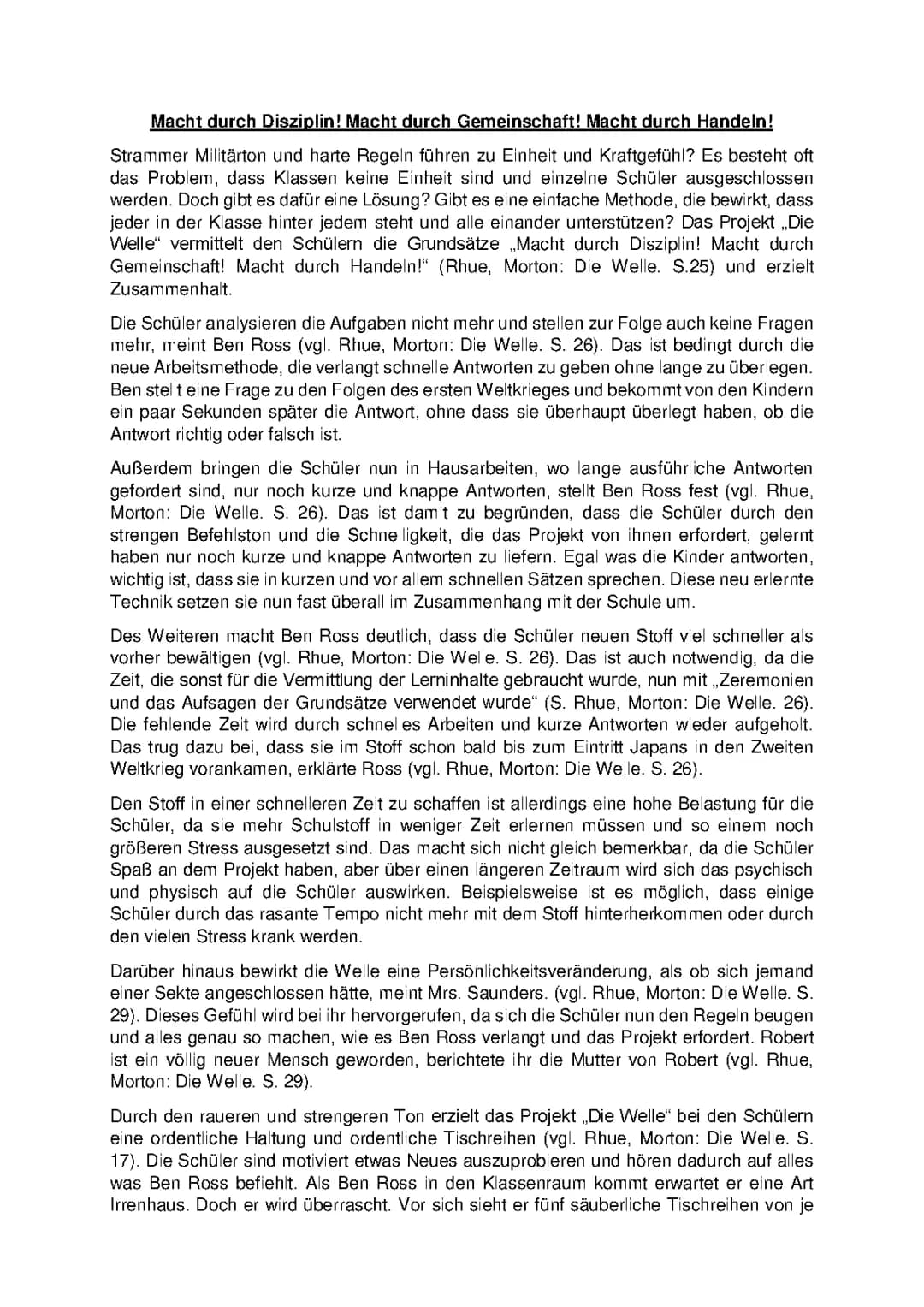 Die Welle - Pro und Contra Argumente, Zusammenfassung und Charakterisierung