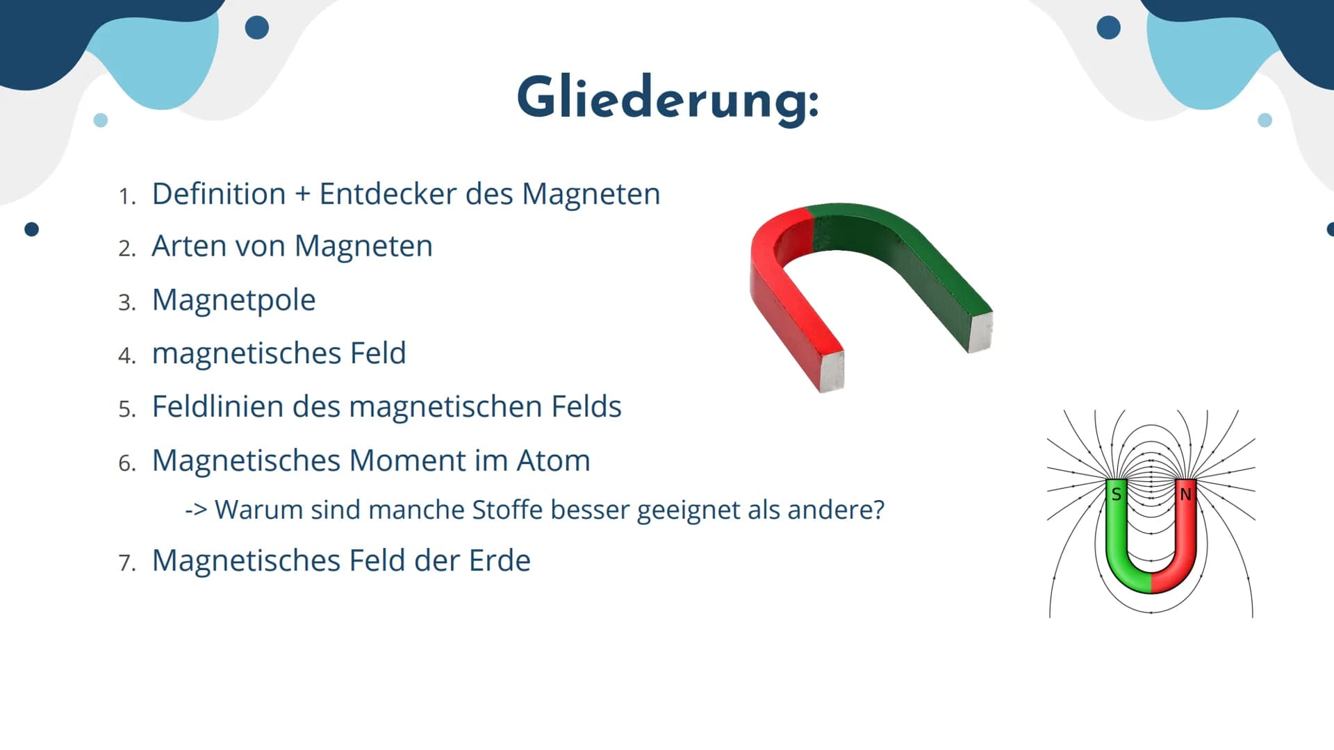 ●
Magnete und
magnetische Felder
von Mia Edelmann Gliederung:
1. Definition + Entdecker des Magneten
2. Arten von Magneten
3. Magnetpole
4. 