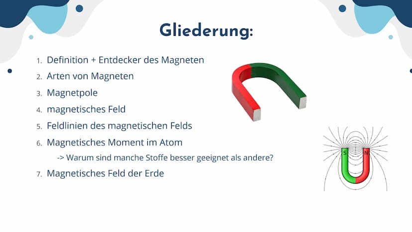 ●
Magnete und
magnetische Felder
von Mia Edelmann Gliederung:
1. Definition + Entdecker des Magneten
2. Arten von Magneten
3. Magnetpole
4. 