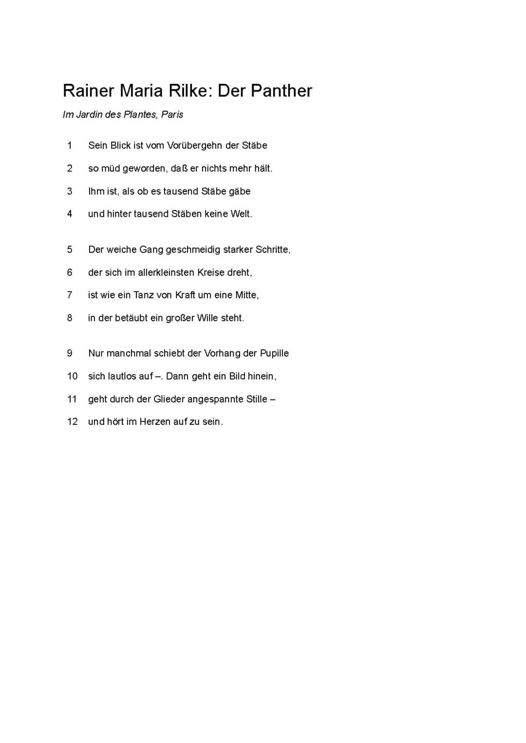 Der Panther Interpretation PDF und Zusammenfassung - Rilke Gedicht Text