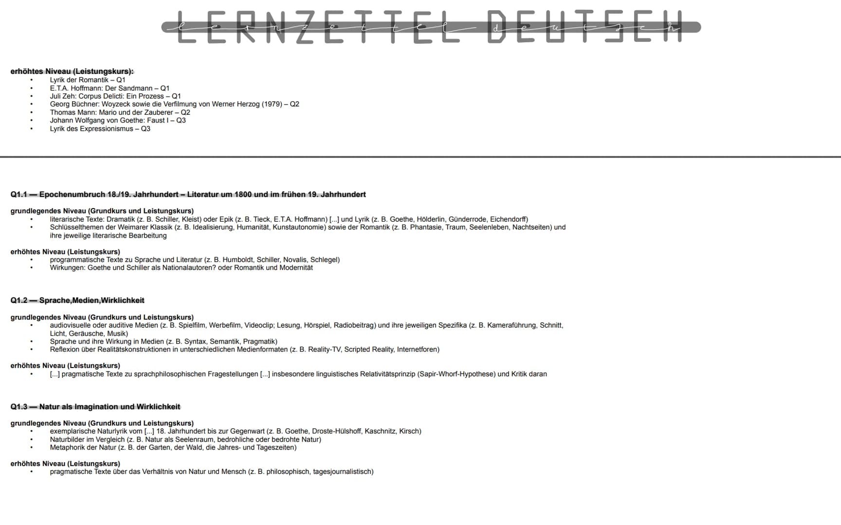 erhöhtes Niveau (Leistungskurs):
Lyrik der Romantik - Q1
LERNZETTEL DEUTSEH
E.T.A. Hoffmann: Der Sandmann - Q1
Juli Zeh: Corpus Delicti: Ein