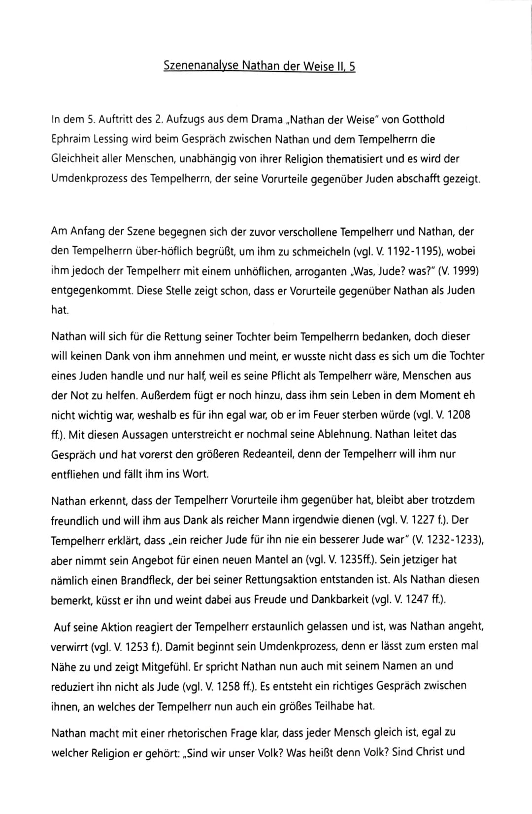 Szenenanalyse Nathan der Weise II, 5
In dem 5. Auftritt des 2. Aufzugs aus dem Drama ,,Nathan der Weise" von Gotthold
Ephraim Lessing wird b