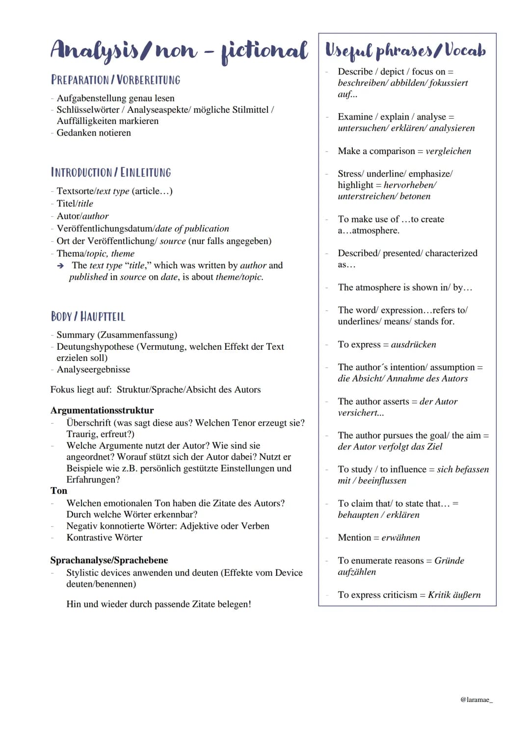 Analysis/non-fictional Useful phrases/Vocab
Describe / depict / focus on =
beschreiben/ abbilden/fokussiert
auf...
PREPARATION/VORBEREITUNG
