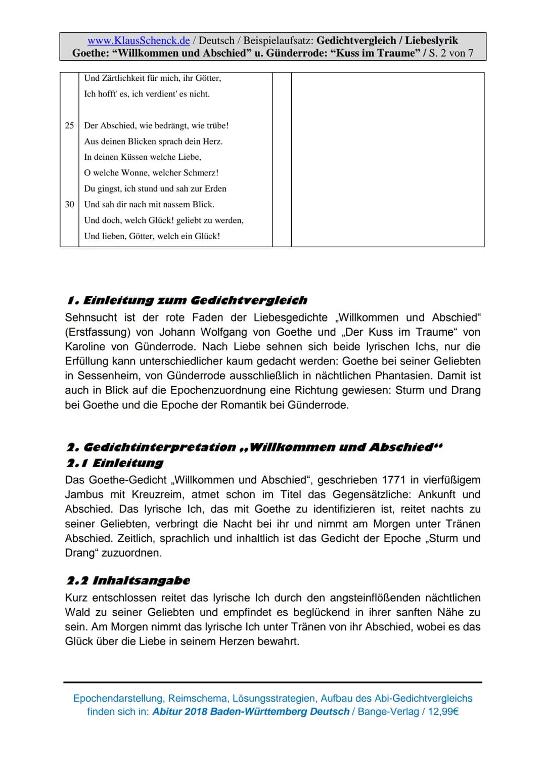 1
www.KlausSchenck.de/ Deutsch / Beispielaufsatz: Gedichtvergleich / Liebeslyrik
Goethe: "Willkommen und Abschied" u. Günderrode: "Kuss im T