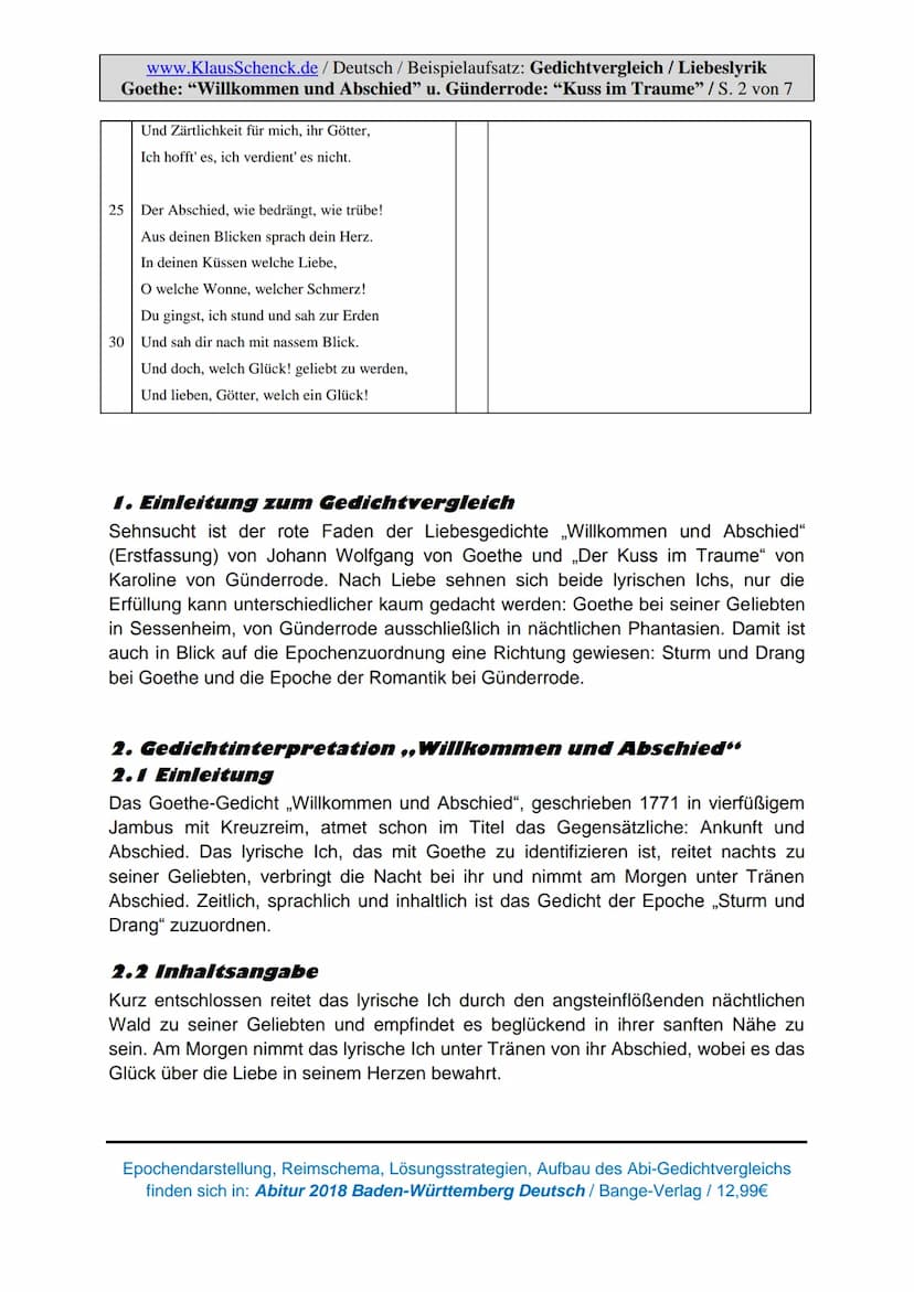 1
www.KlausSchenck.de/ Deutsch / Beispielaufsatz: Gedichtvergleich / Liebeslyrik
Goethe: "Willkommen und Abschied" u. Günderrode: "Kuss im T
