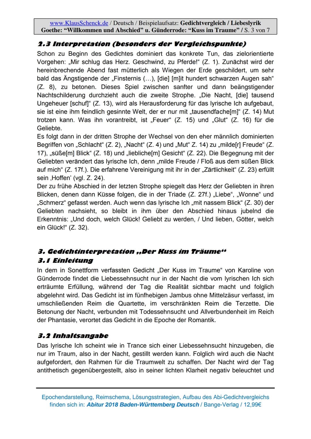 1
www.KlausSchenck.de/ Deutsch / Beispielaufsatz: Gedichtvergleich / Liebeslyrik
Goethe: "Willkommen und Abschied" u. Günderrode: "Kuss im T
