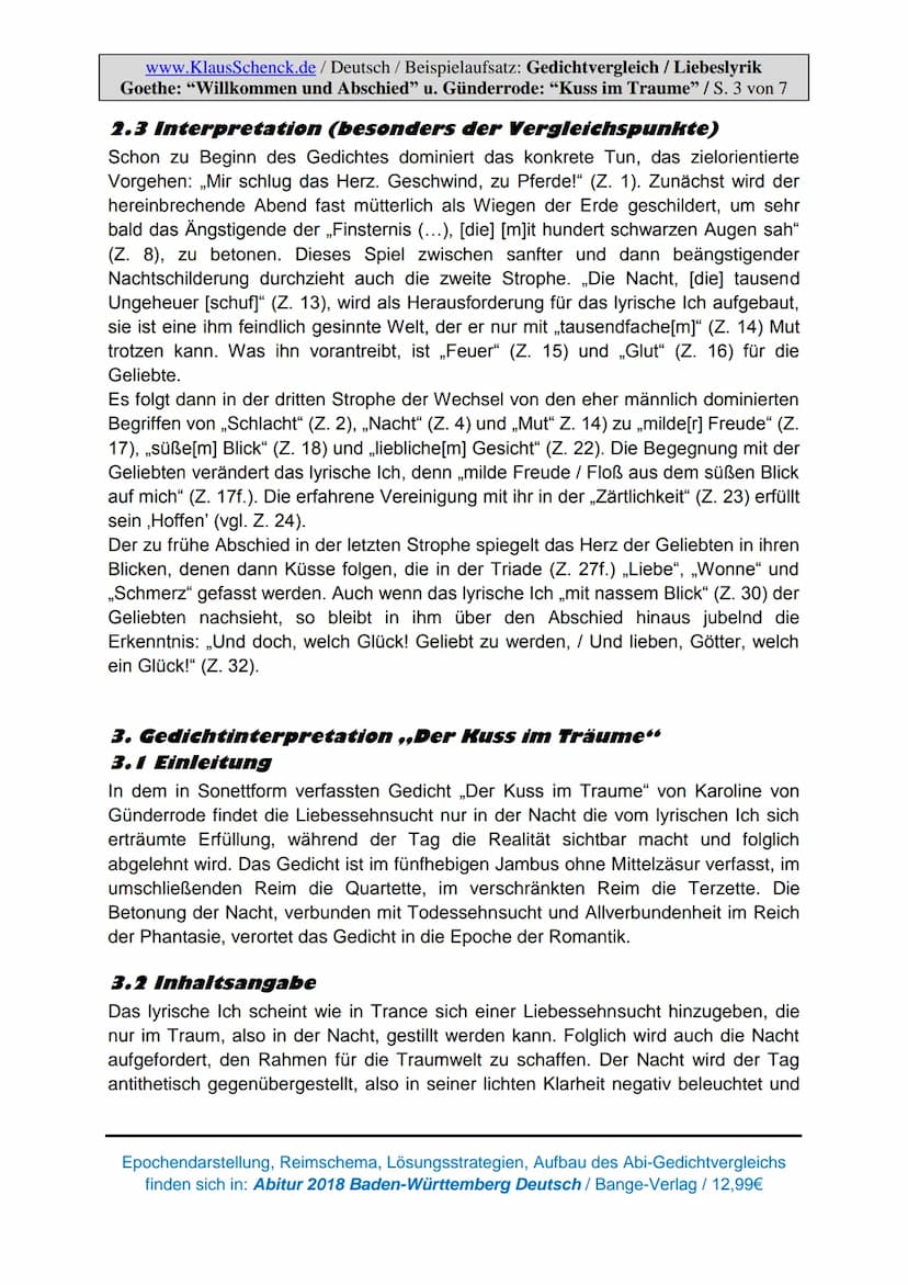 1
www.KlausSchenck.de/ Deutsch / Beispielaufsatz: Gedichtvergleich / Liebeslyrik
Goethe: "Willkommen und Abschied" u. Günderrode: "Kuss im T