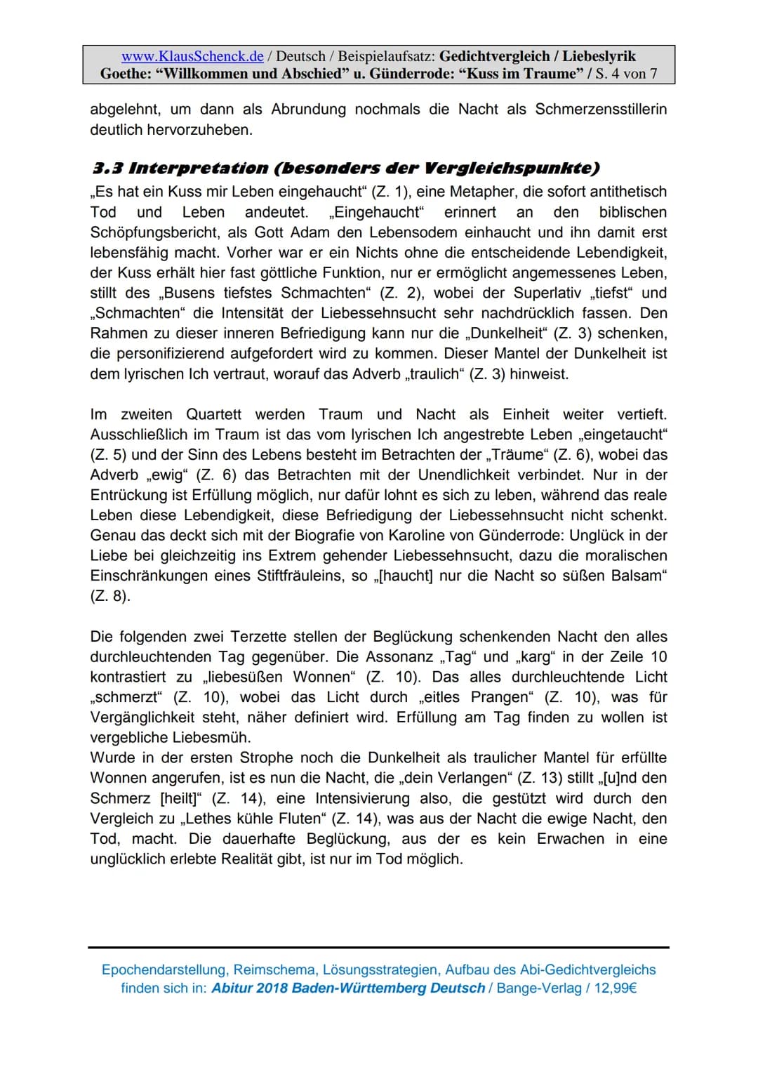 1
www.KlausSchenck.de/ Deutsch / Beispielaufsatz: Gedichtvergleich / Liebeslyrik
Goethe: "Willkommen und Abschied" u. Günderrode: "Kuss im T