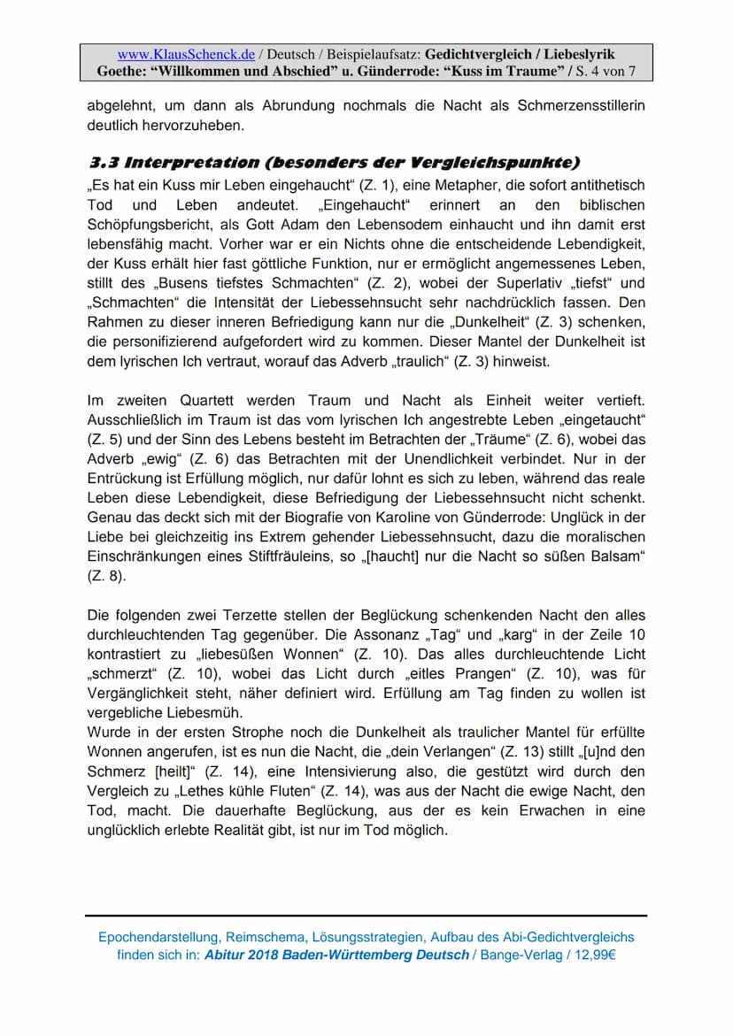 1
www.KlausSchenck.de/ Deutsch / Beispielaufsatz: Gedichtvergleich / Liebeslyrik
Goethe: "Willkommen und Abschied" u. Günderrode: "Kuss im T