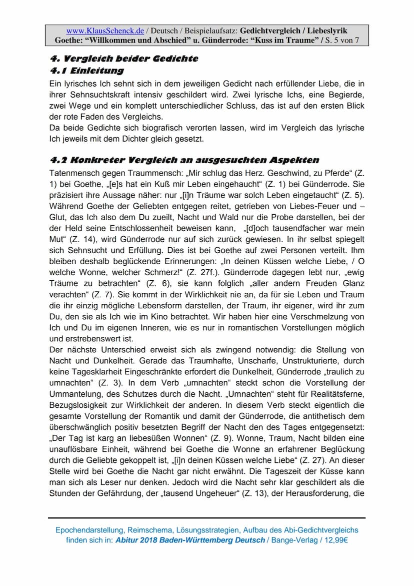 1
www.KlausSchenck.de/ Deutsch / Beispielaufsatz: Gedichtvergleich / Liebeslyrik
Goethe: "Willkommen und Abschied" u. Günderrode: "Kuss im T