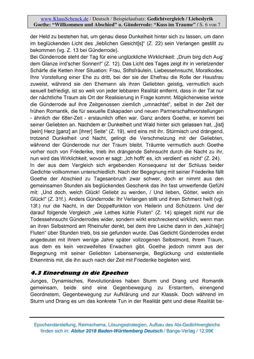 1
www.KlausSchenck.de/ Deutsch / Beispielaufsatz: Gedichtvergleich / Liebeslyrik
Goethe: "Willkommen und Abschied" u. Günderrode: "Kuss im T