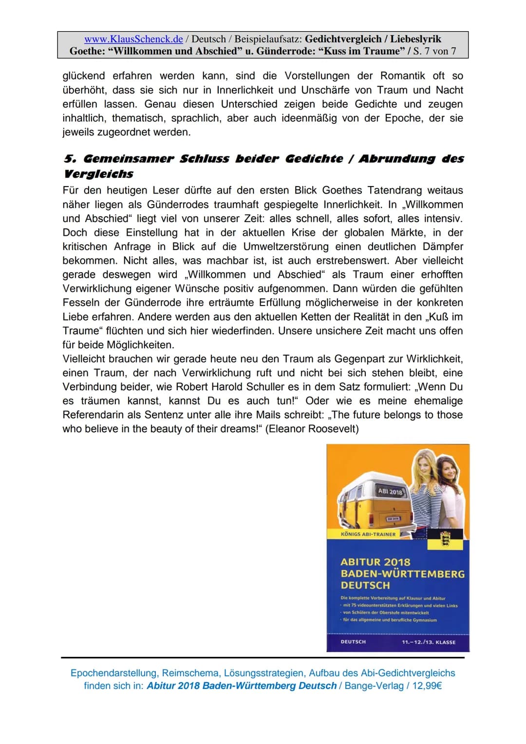 1
www.KlausSchenck.de/ Deutsch / Beispielaufsatz: Gedichtvergleich / Liebeslyrik
Goethe: "Willkommen und Abschied" u. Günderrode: "Kuss im T