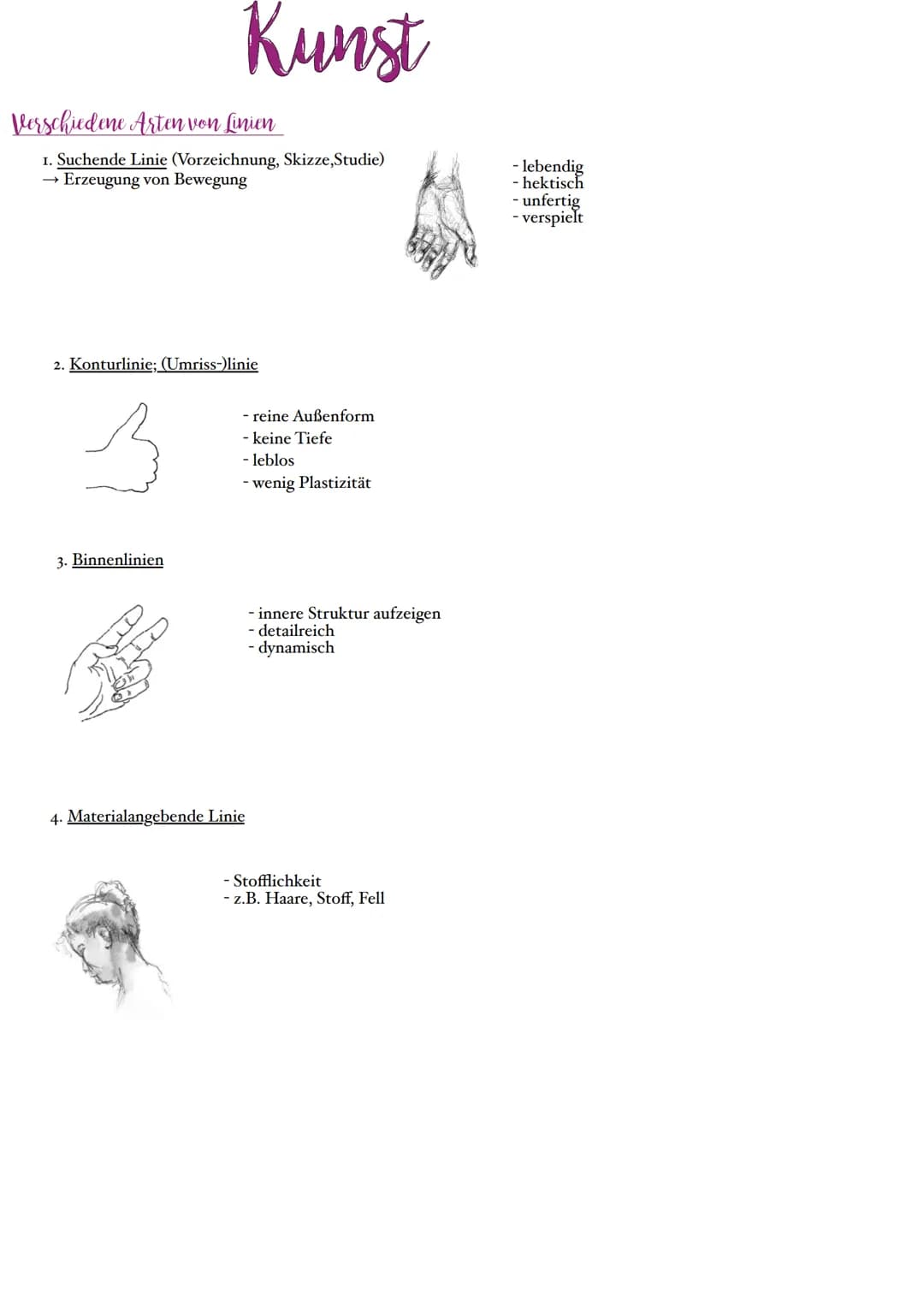 Verschiedene Arten von Linien
1. Suchende Linie (Vorzeichnung, Skizze,Studie)
→ Erzeugung von Bewegung
Kunst
2. Konturlinie; (Umriss-)linie
