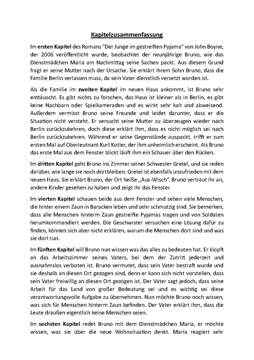 Der Junge im gestreiften Pyjama Kapitelzusammenfassung