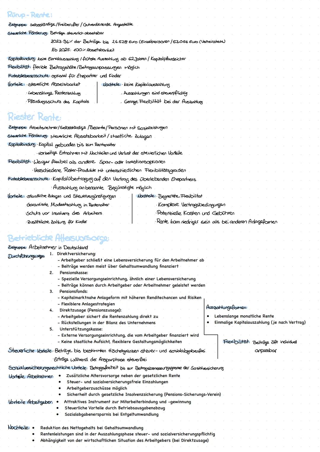 Rürup-Rente:
Zielgruppe: selbsständige/Freiberufler/Gutverdienende. Angestellte
Steuerliche Förderung: Beträge steverlich absetzbar
2023: 96