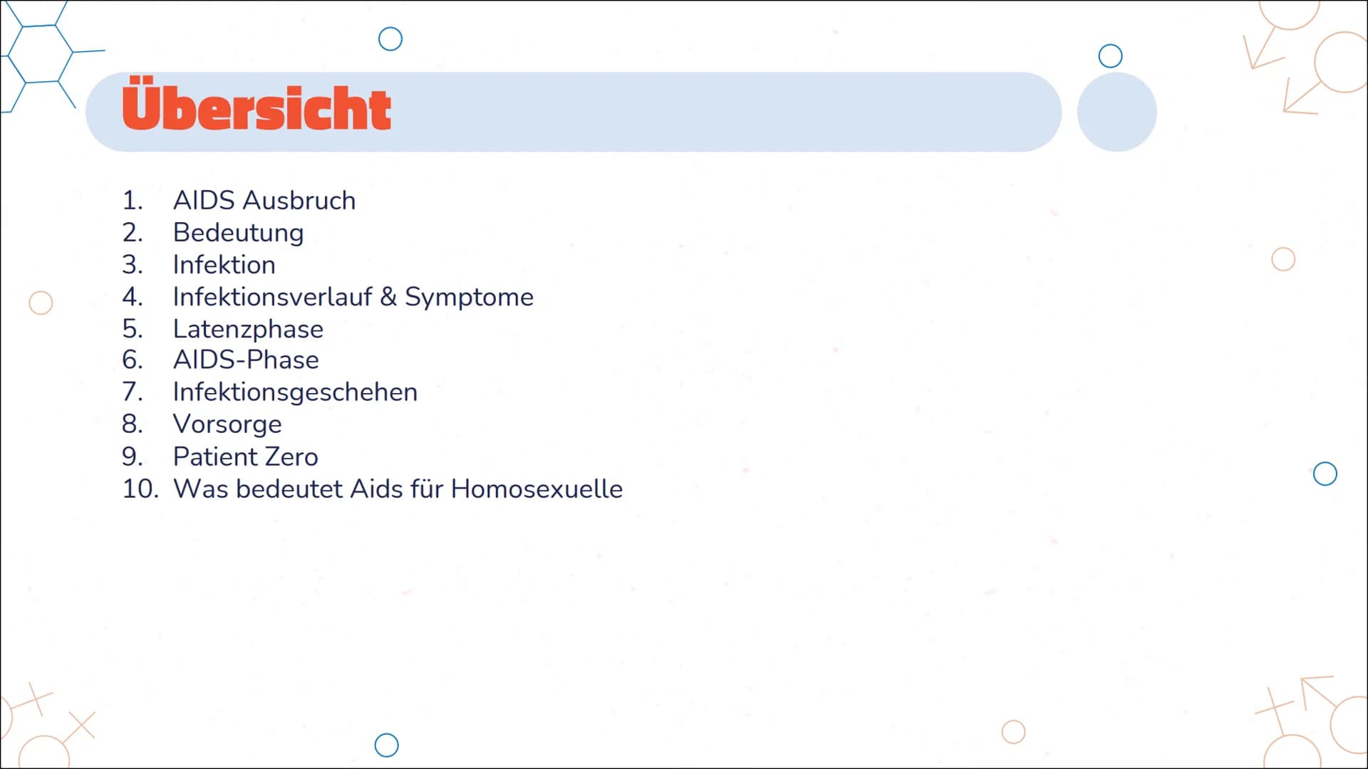 정
Aids
HIV
Von Marie Übersicht
AIDS Ausbruch
Bedeutung
1.
2.
3. Infektion
4. Infektionsverlauf & Symptome
5. Latenzphase
6. AIDS-Phase
7.
8.