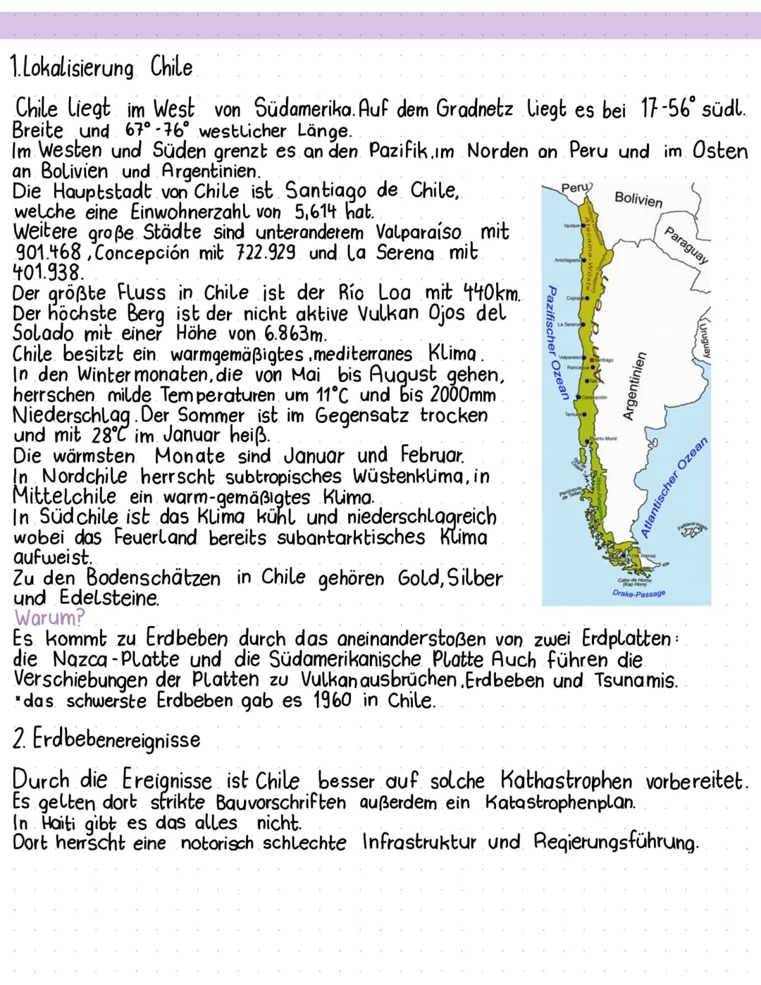 1. Lokalisierung Chile
Chile Liegt im West von Südamerika. Auf dem Gradnetz liegt es bei 17-56° südl.
Breite und 67° -76° westlicher Länge.
