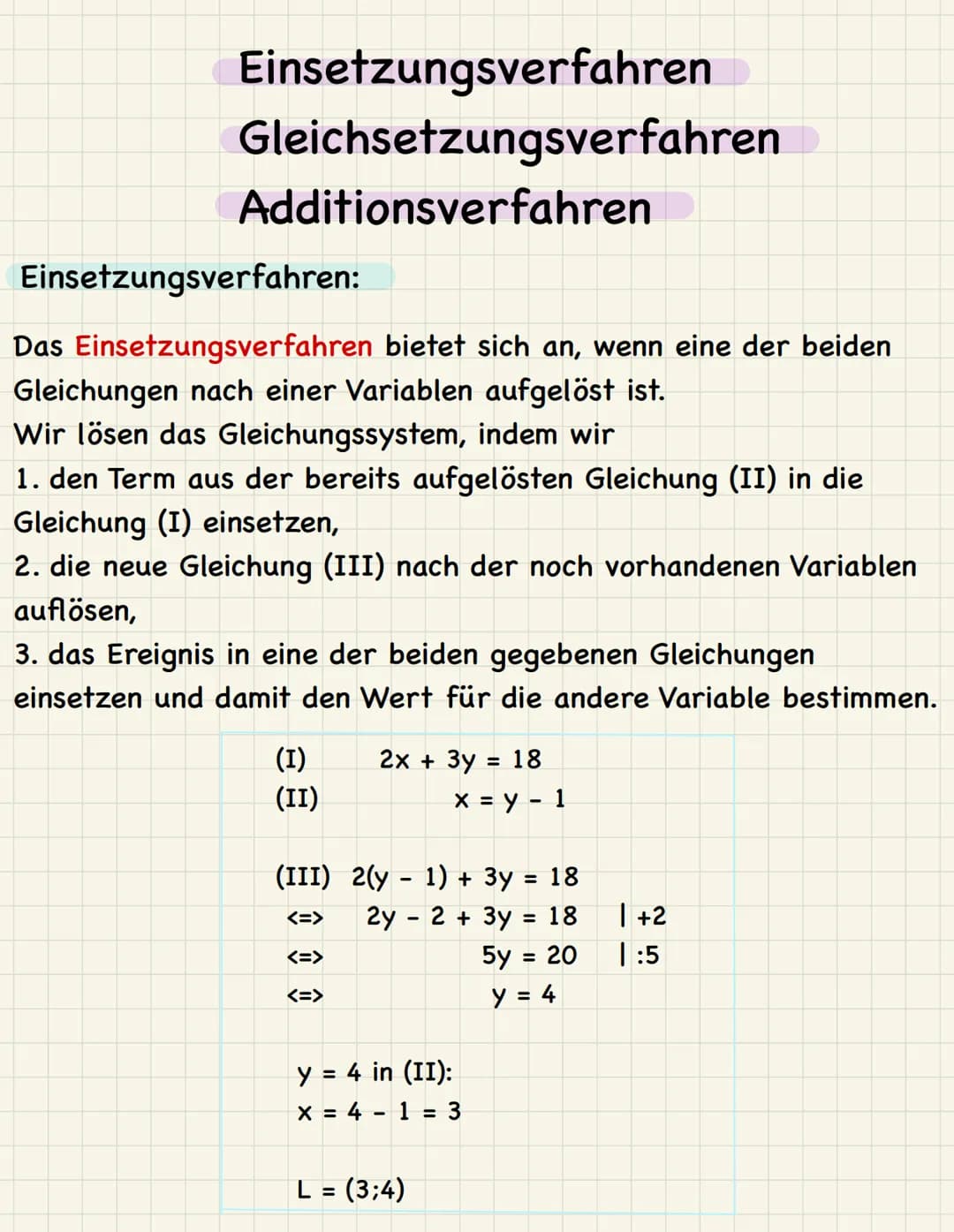 Einsetzungsverfahren
Gleichsetzungsverfahren
Additionsverfahren
Einsetzungsverfahren:
Das Einsetzungsverfahren bietet sich an, wenn eine der