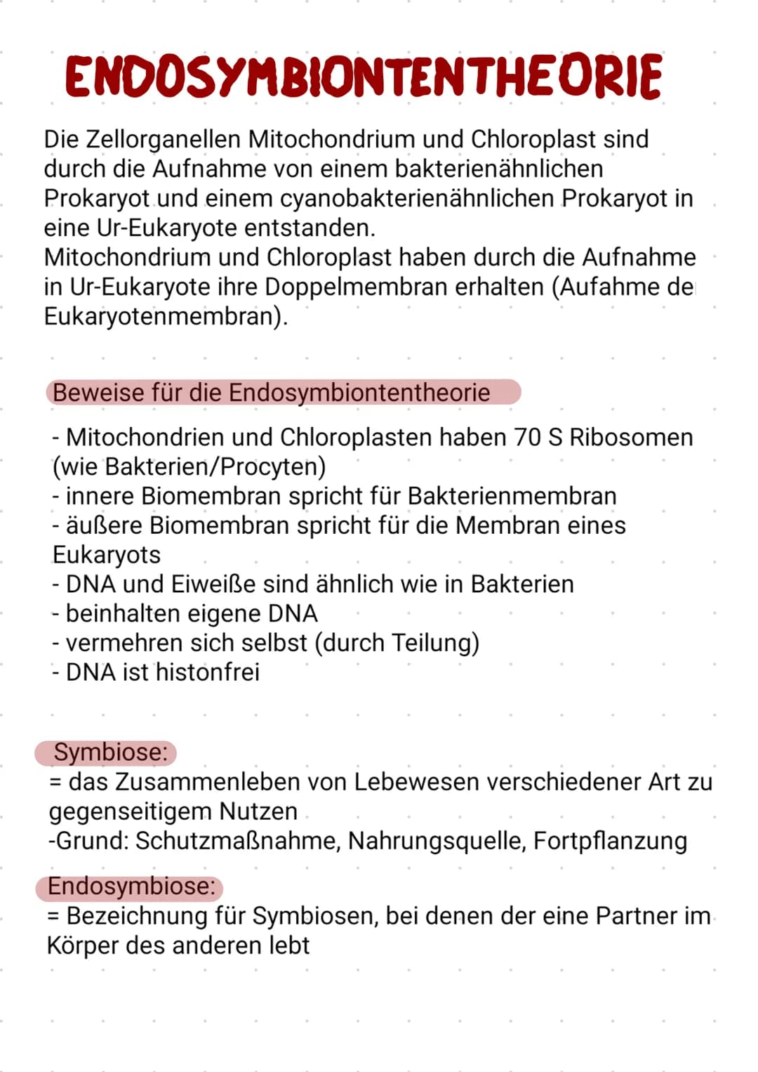 
<p>Die Endosymbiontentheorie besagt, dass die Zellorganellen Mitochondrium und Chloroplast durch die Aufnahme von einem bakterienähnlichen 