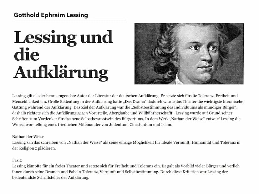 Ausarbeitung
Klasse 9
Gotthold
Ephraim
Lessing Gotthold Ephraim Lessing
Lebenslauf
Lessing ist am 22.01.1729 im Kamenz geboren. Er war eines