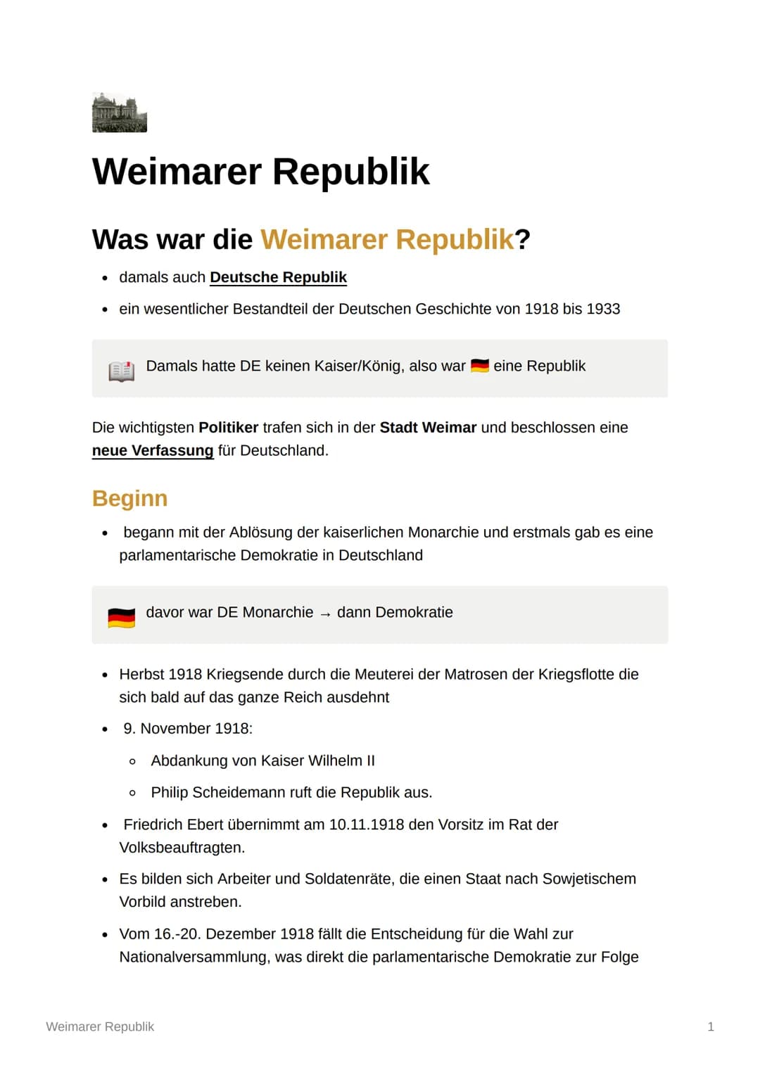 Weimarer Republik
Was war die Weimarer Republik?
• damals auch Deutsche Republik
• ein wesentlicher Bestandteil der Deutschen Geschichte von