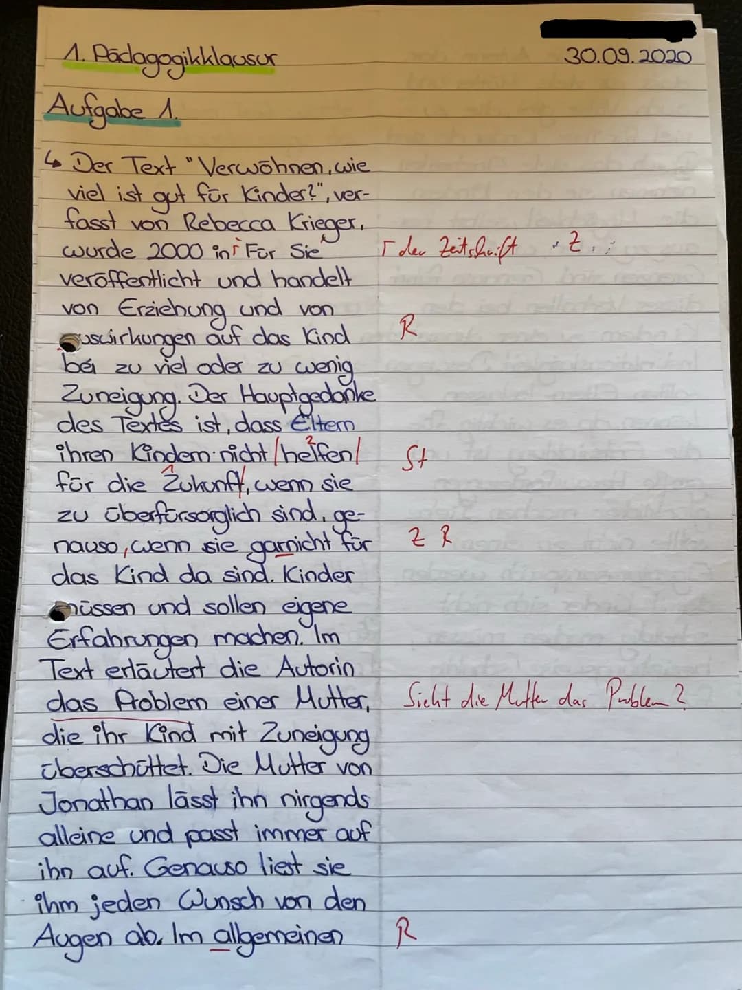10
15
20
25
30
5
Pädagogik LK QI
1. Klausur
Freud /Erikson
Gesamtschule
30.09.2020
Aufgabenstellung:
1. Formulieren Sie den Hauptgedanken de