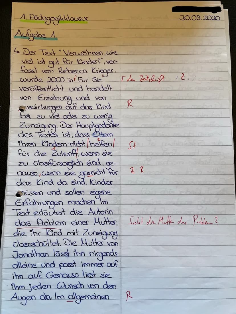 10
15
20
25
30
5
Pädagogik LK QI
1. Klausur
Freud /Erikson
Gesamtschule
30.09.2020
Aufgabenstellung:
1. Formulieren Sie den Hauptgedanken de