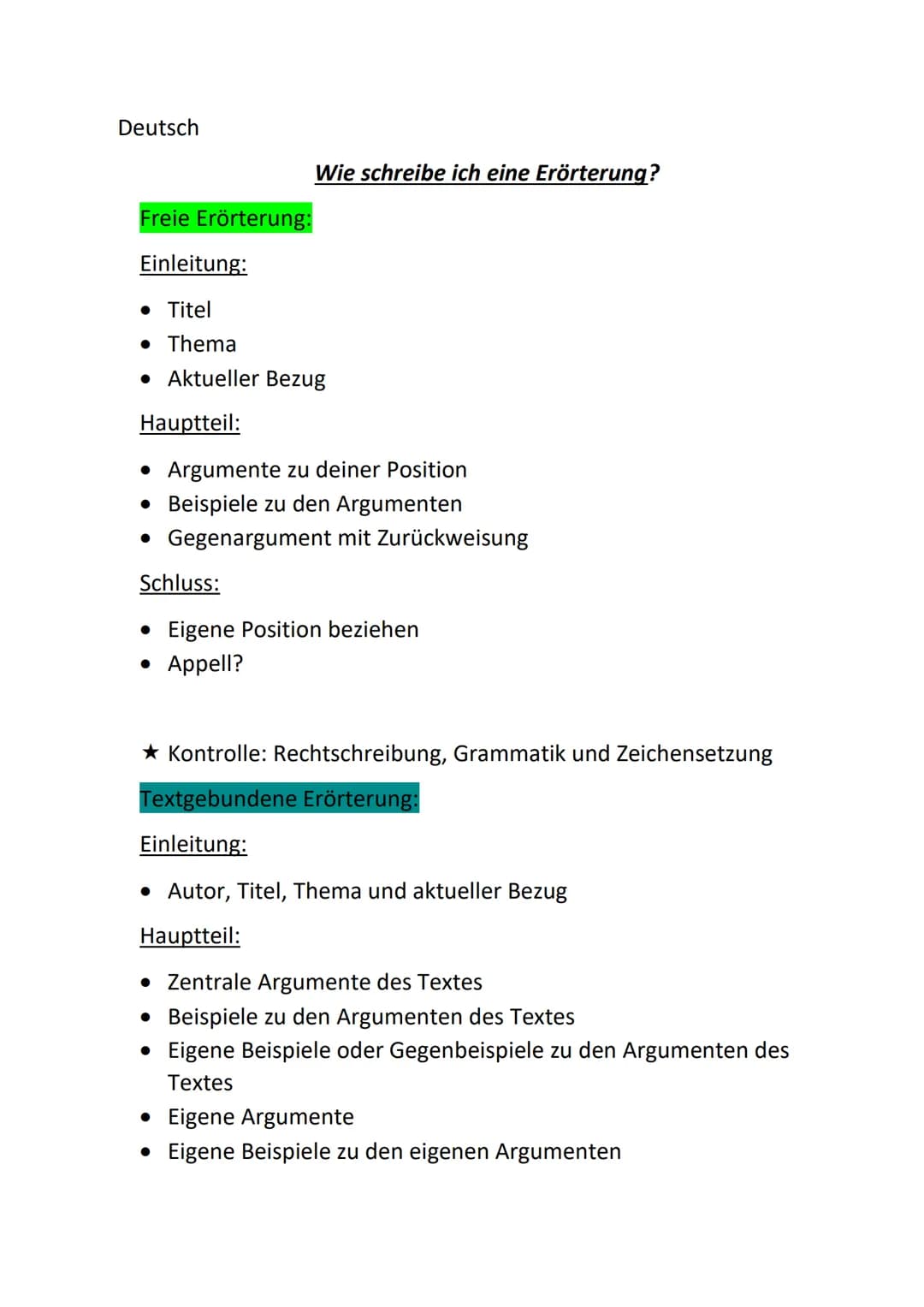 Deutsch
Freie Erörterung:
Einleitung:
• Titel
• Thema
Wie schreibe ich eine Erörterung?
Aktueller Bezug
Hauptteil:
Argumente zu deiner Posit