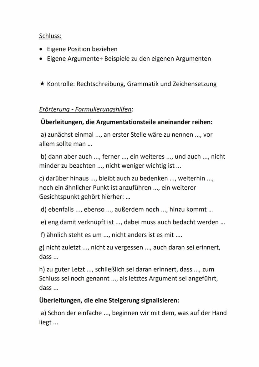 Deutsch
Freie Erörterung:
Einleitung:
• Titel
• Thema
Wie schreibe ich eine Erörterung?
Aktueller Bezug
Hauptteil:
Argumente zu deiner Posit