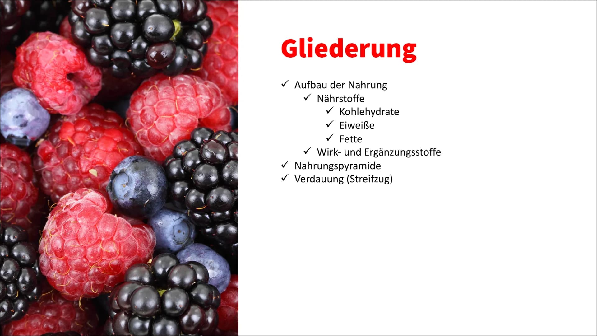 Ernährung Ernährung
✓ Nährstoffe
O Kohlenhydrate unterteilt man weiter in Mono-, Di- und Polysaccharide (Einfach-,
Zweifach- und Dreifachzuc
