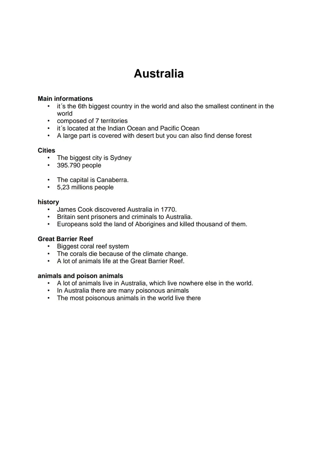 Australia
name Main informations
it's the 6th biggest country in the world and also the smallest continent in the
world
Cities
.
.
●
.
histo