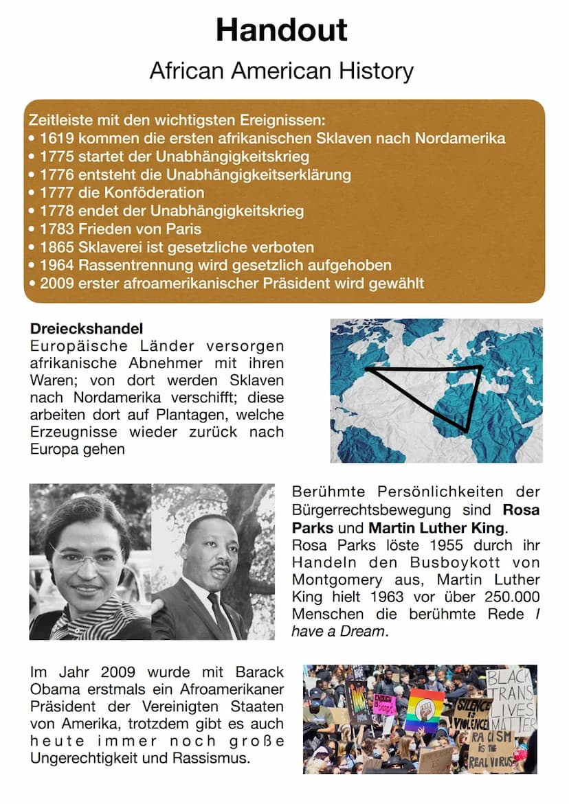 African American
History
Von der Sklaverei bis zur heutigen Zeit Handout
African American History
Zeitleiste mit den wichtigsten Ereignissen